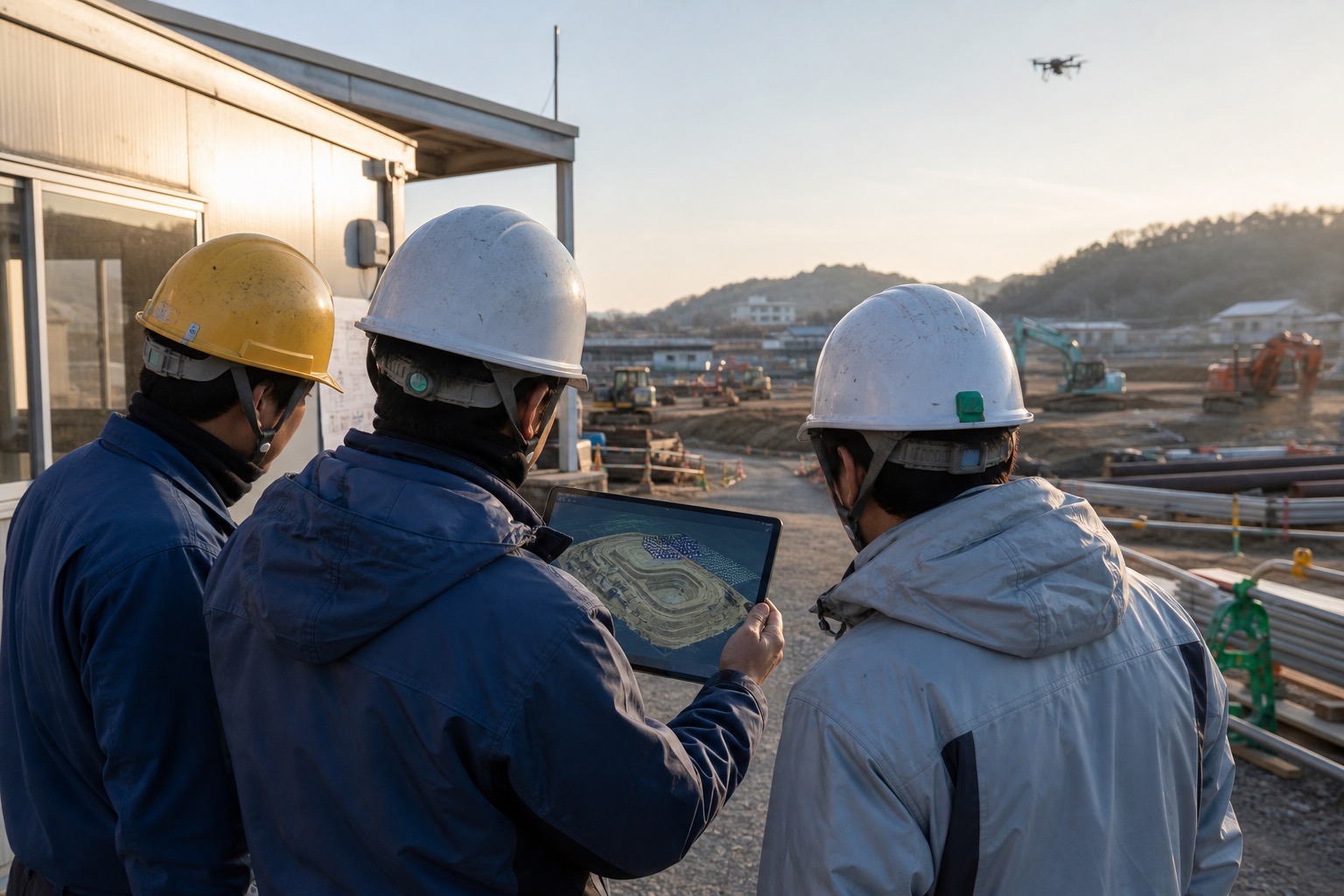 建設現場でタブレットの3D地形モデルを囲んで打ち合わせる作業員