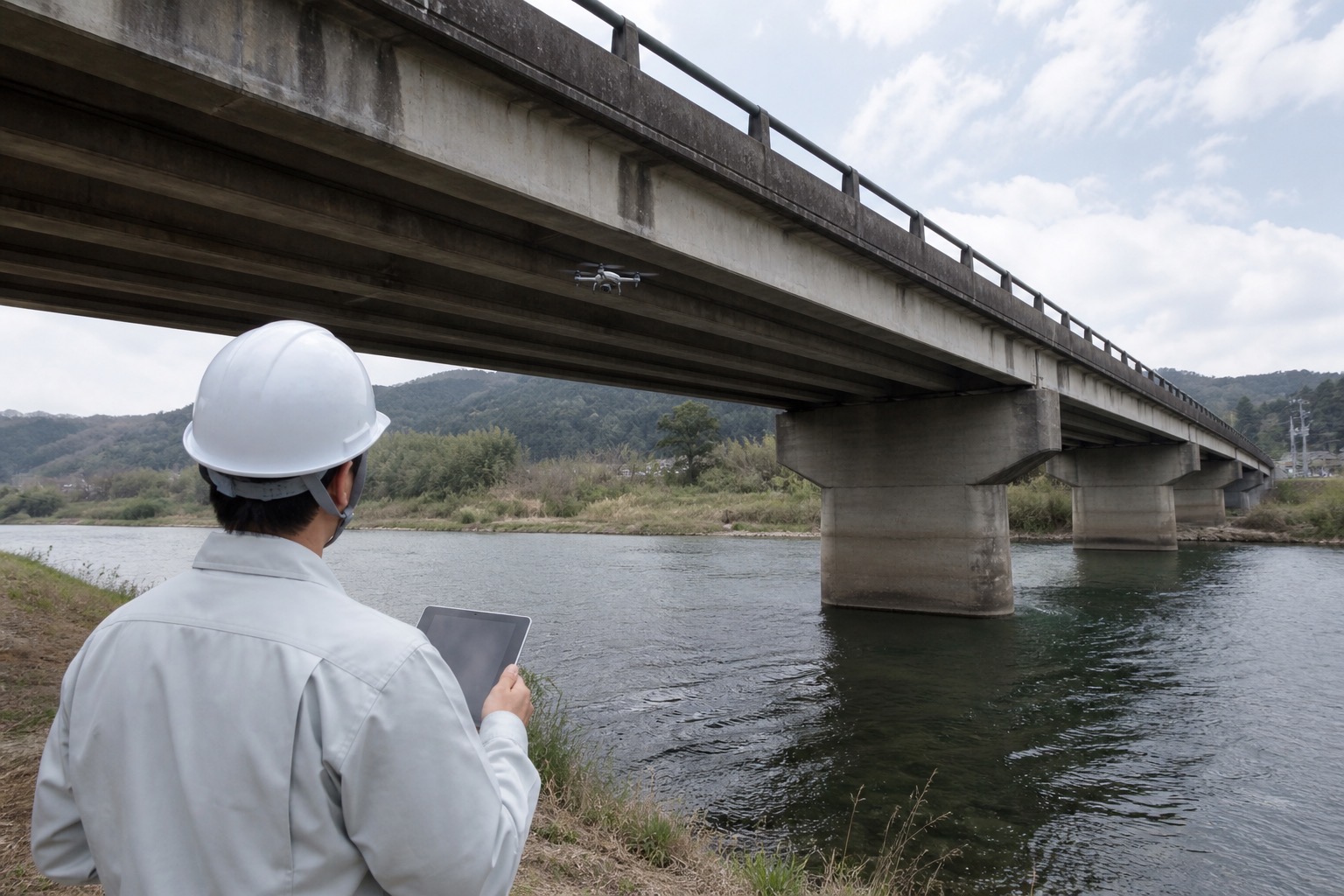 交通規制のない橋梁でドローン点検を行う点検員