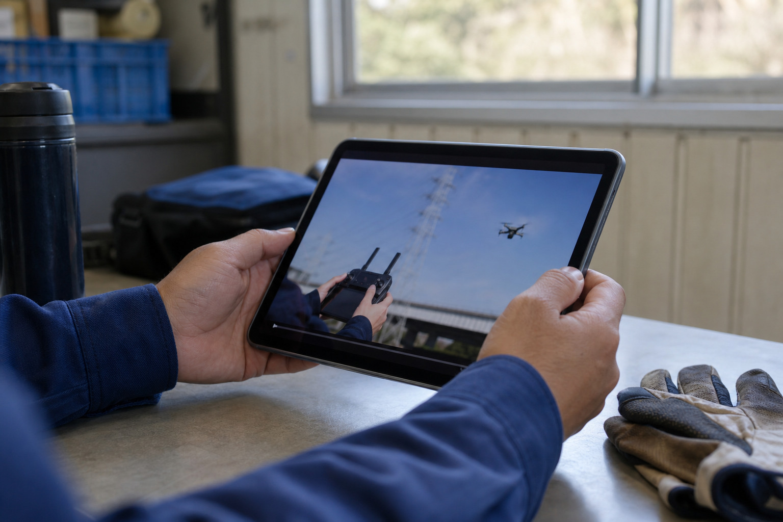 タブレットで講習動画を視聴する作業員の手元