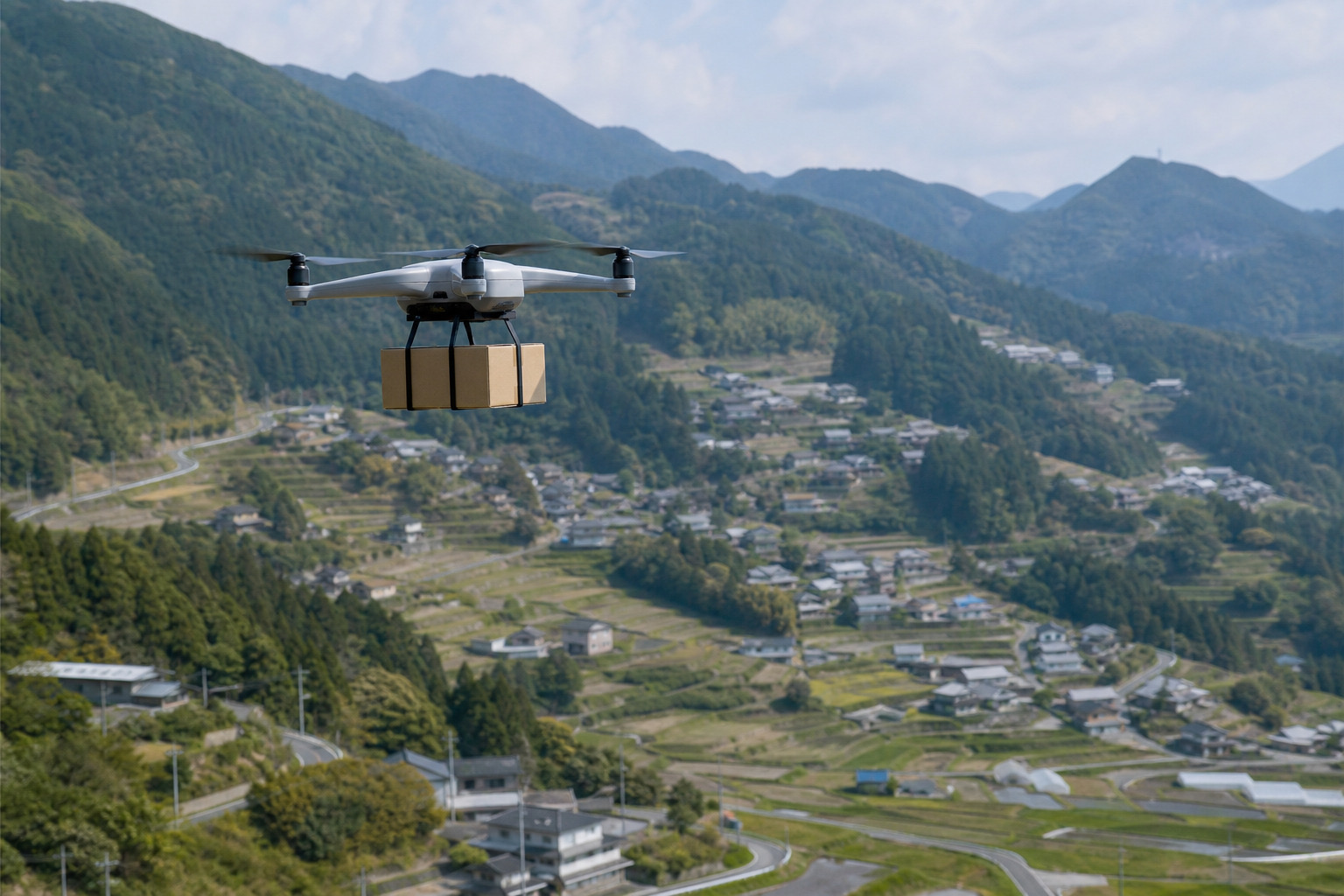 山間部の上空を飛ぶ配送ドローン