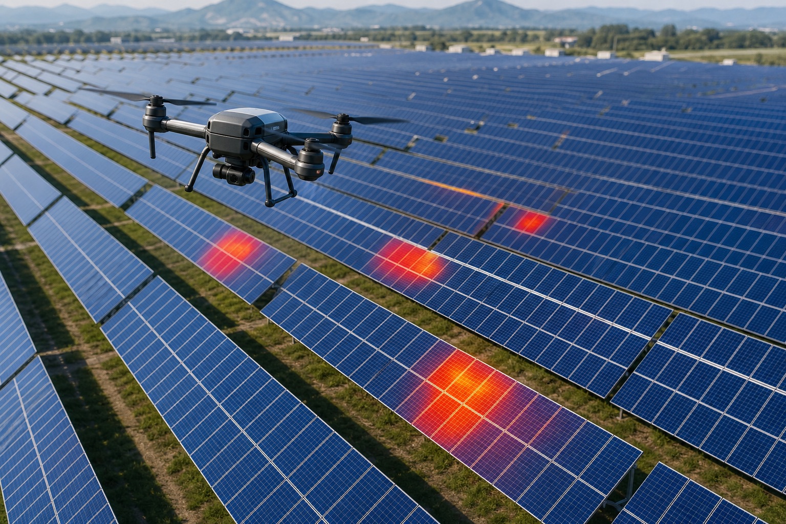 太陽光発電所を点検するドローンと赤外線画像