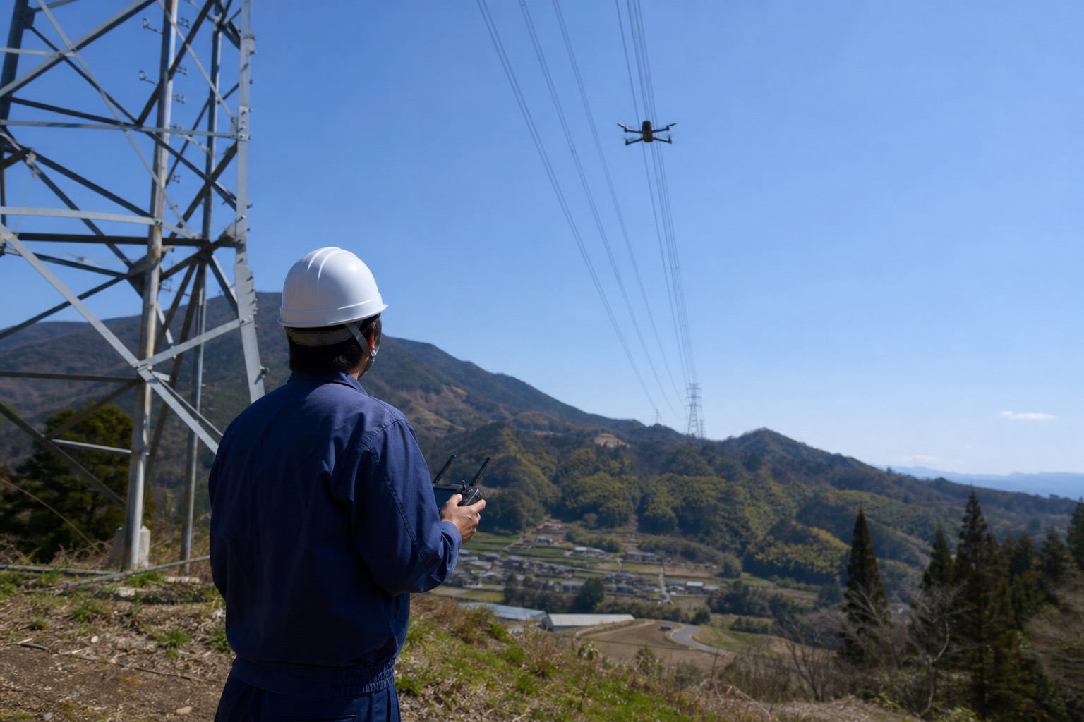 送電鉄塔のそばでドローンを操縦する作業員の後ろ姿
